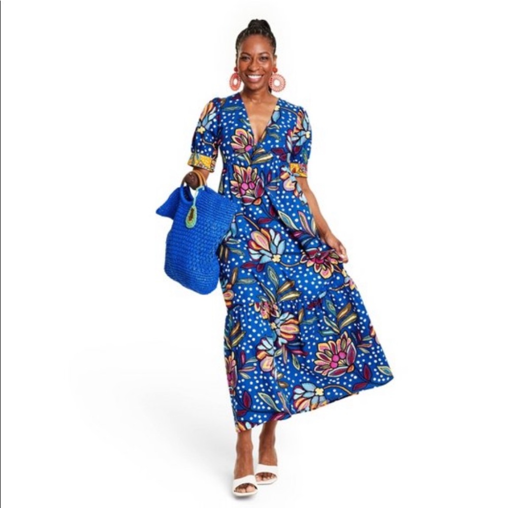 NWT Tabitha Brown Target Floral Polka Dot Print Puff Sleeve Midi Dress Size 6